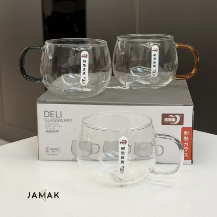 خرید ماگ شیشه‌ای پیرکس دسته رنگی Deli Glassware | ظرفیت ۴۱۰ میلی‌لیتر